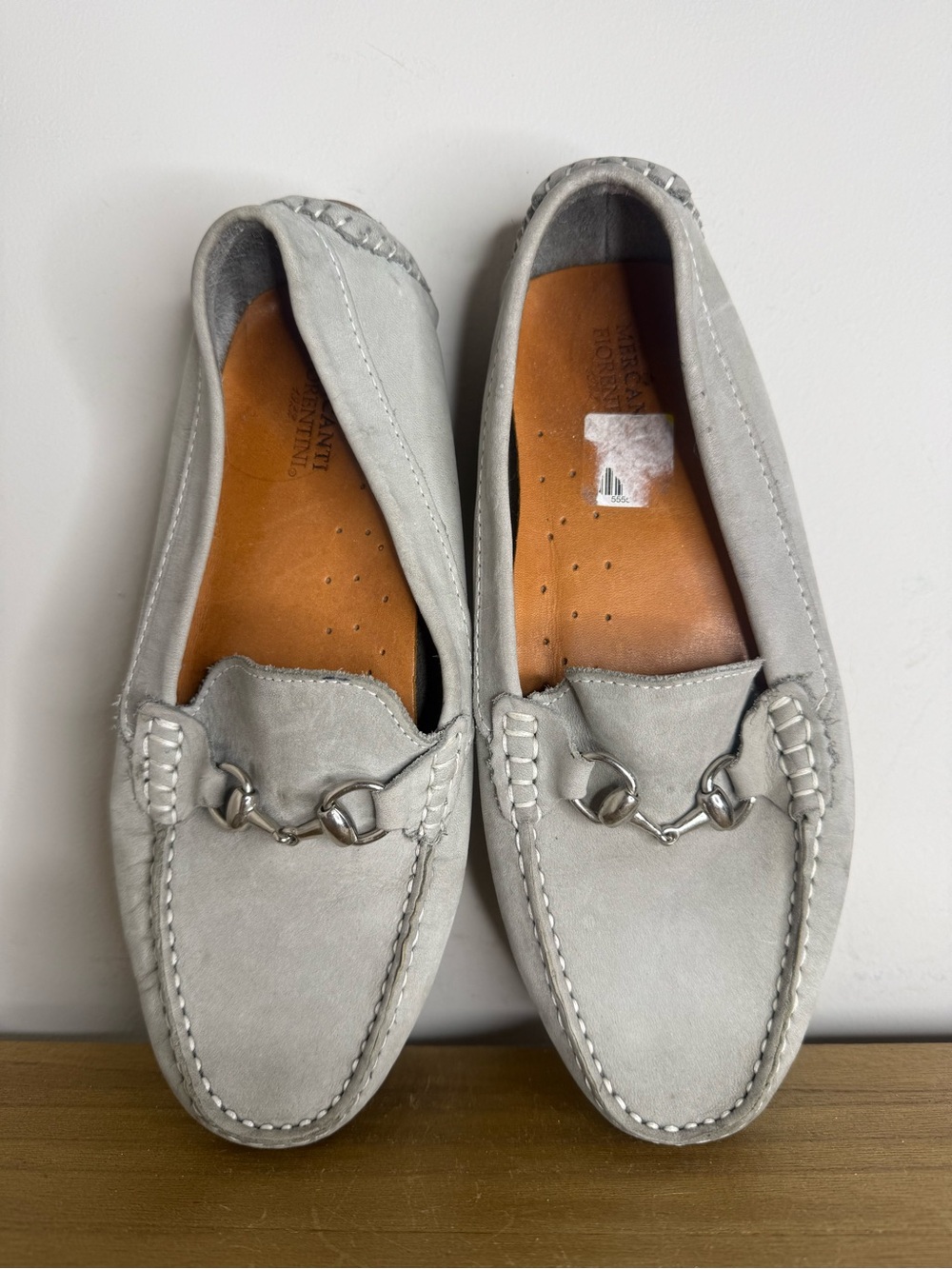 light gray suede horsebit driving loafers by Mercanti Fiorentini